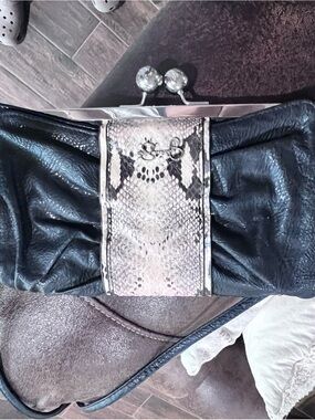 Black Clutch with Snake-Print Accent